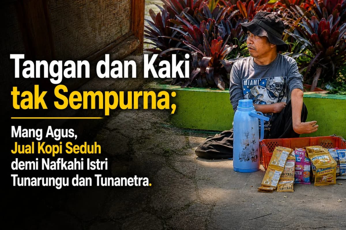 Foto campaign Berjalan Gunakan Tangan Tak Sempurna Mang Agus Cari Nafkah Jual Kopi