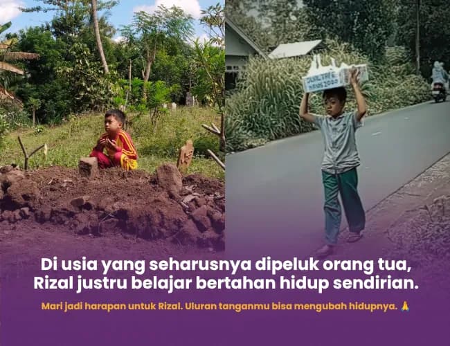 Foto campaign Yatim Piatu di Usia 7 Tahun, Rizal Berjuang untuk Hidupnya Seorang Diri