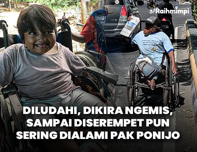 Foto campaign Derita Pilu Pak Ponijo Difabel, Jual Koran Tuk Sekolah Anak