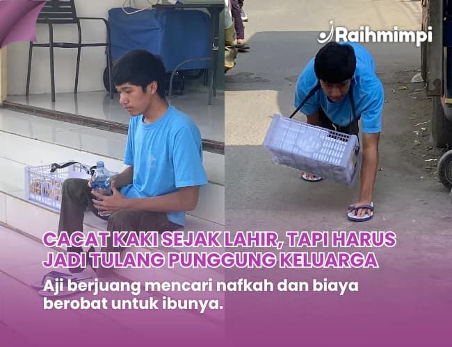 Foto campaign Terduduk Tanpa Kaki Aji Berjuang Jualan Demi Kaki Palsu